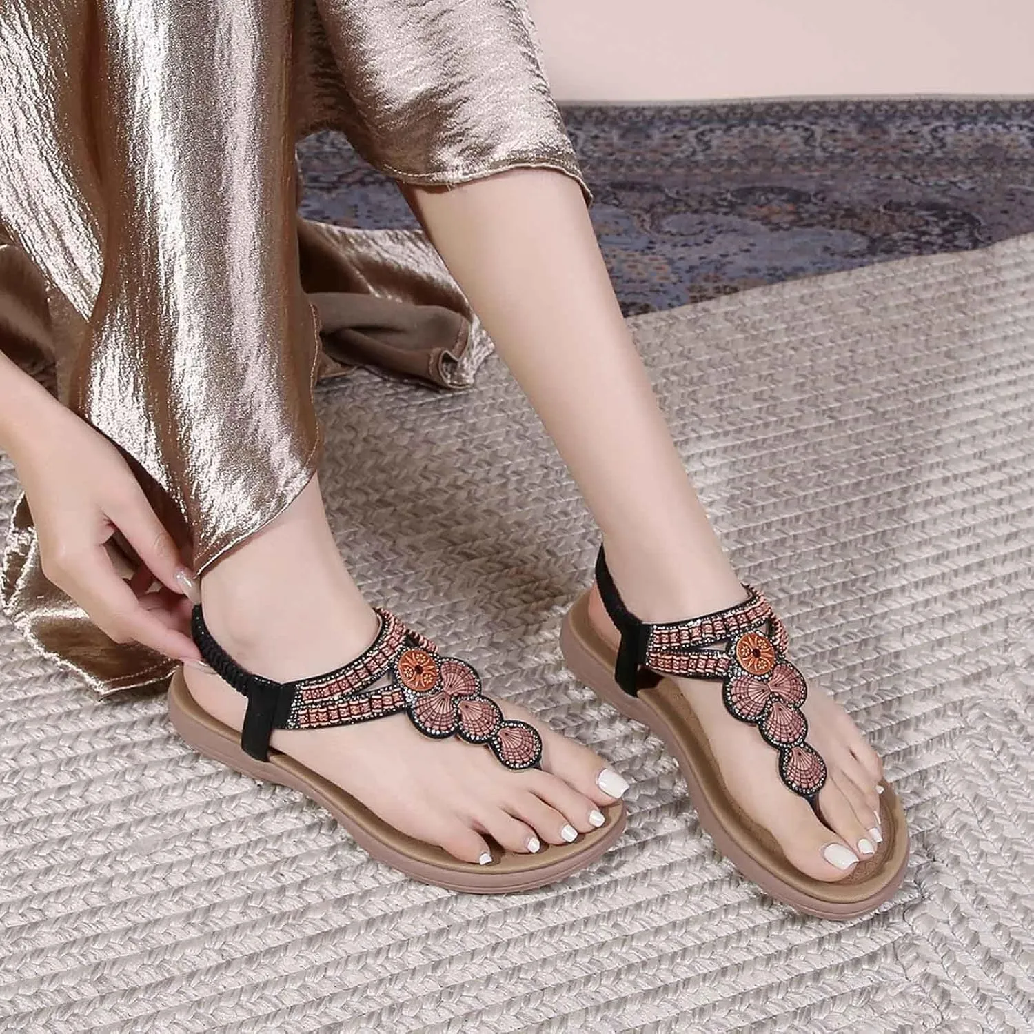 Women's Flat Thong Sandals Dressy 2025 Summer Bohemian Stappy Comfortable Ankle Elastic T-Strap Beach
