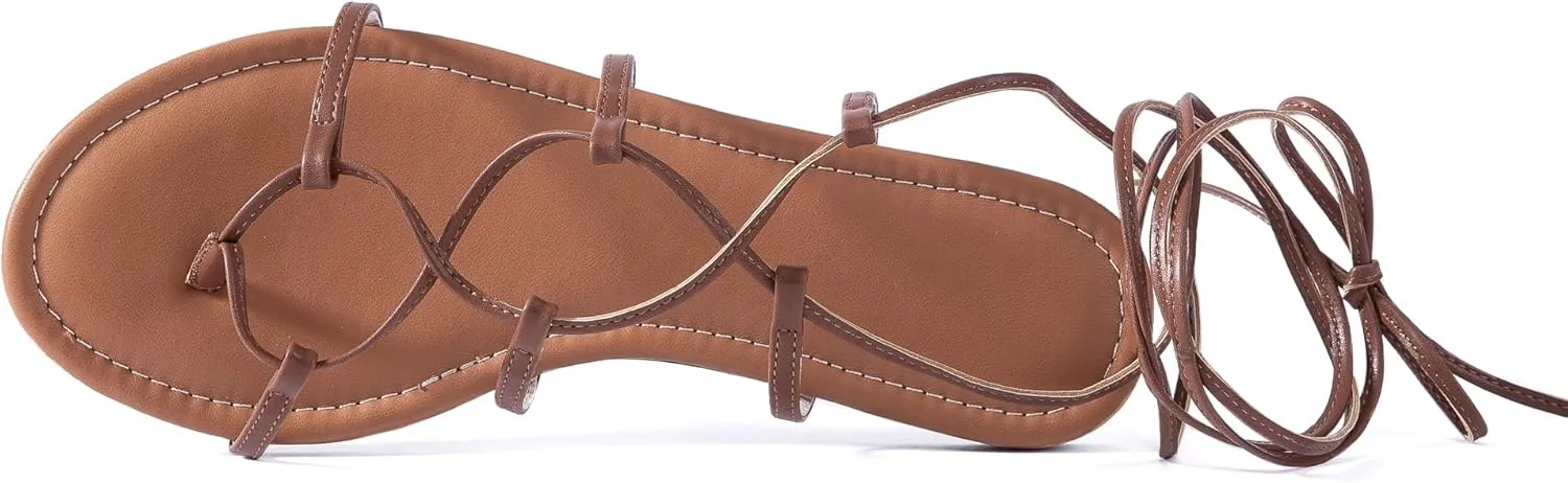 Womens Gladiator Sandals Dressy Summer Roman Strappy Ladies Lace Up Leather Flat Ankle Strap Cute Comfy Casual