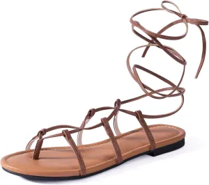 Womens Gladiator Sandals Dressy Summer Roman Strappy Ladies Lace Up Leather Flat Ankle Strap Cute Comfy Casual
