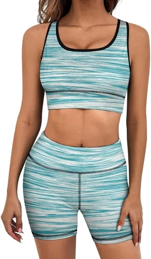 Women's Green Dyed Stripe Workout Sets 2 Piece Gym Sets High Waisted Yoga Shorts with Sports Bra