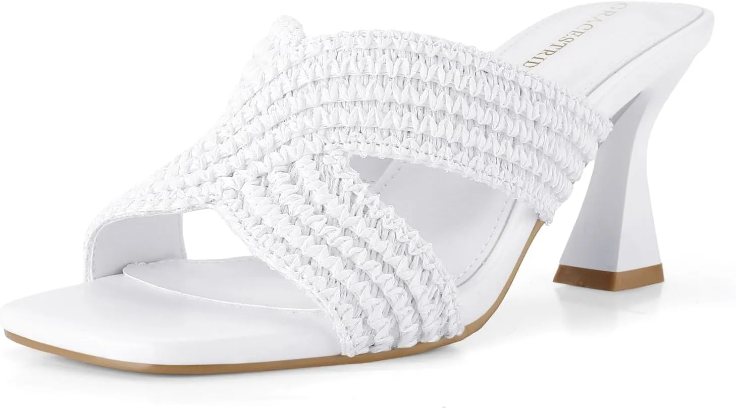Women’s Heeled Sandals Slip On Chunky Square Toe Mule Sandals Open Toe Slide Casual Summer Dressy Sandals
