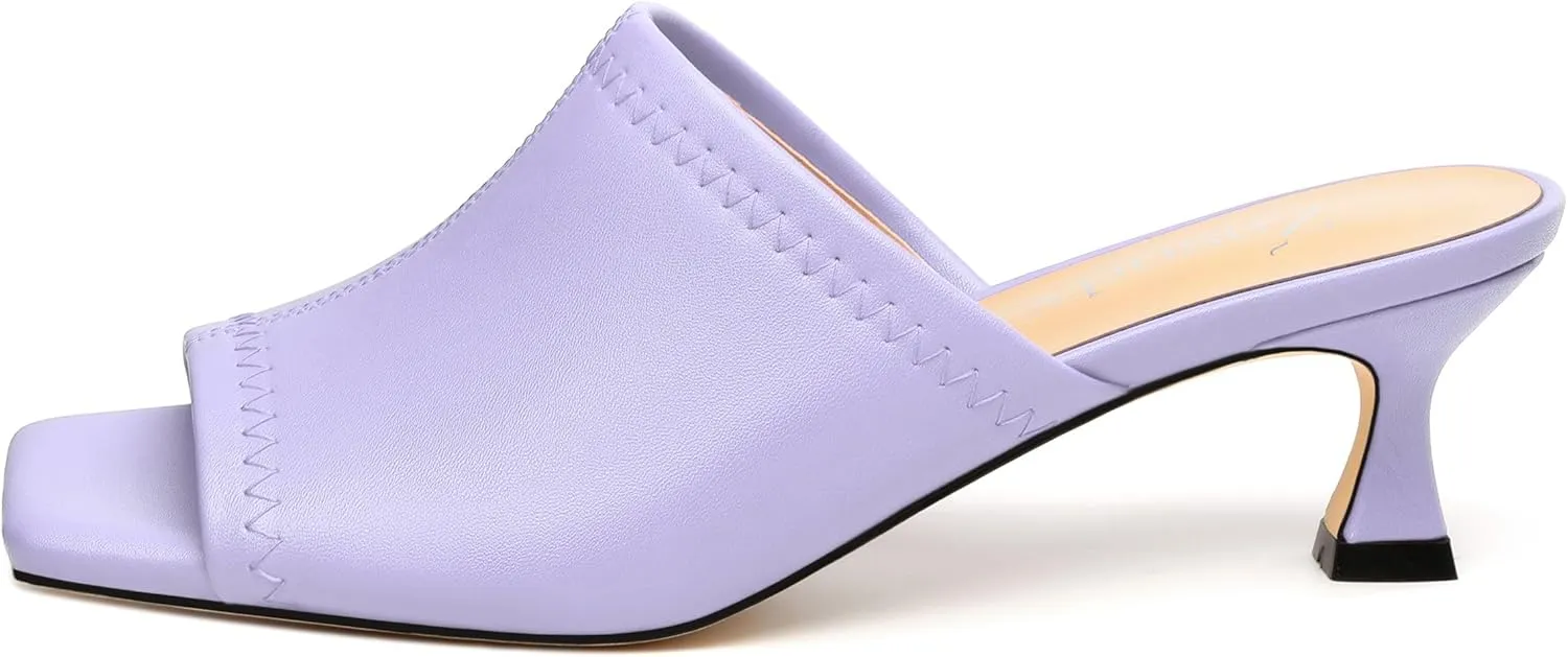 Womens Kitten Heel Open Square Toe Slip-on Sandals Casual Fashion Dress Summer Mules Shoes 2 Inches Heels