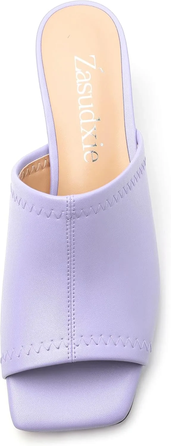 Womens Kitten Heel Open Square Toe Slip-on Sandals Casual Fashion Dress Summer Mules Shoes 2 Inches Heels