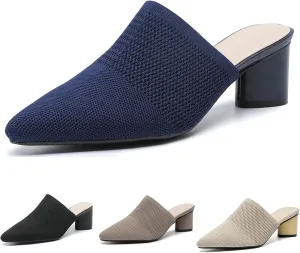 Women’s Knit Mesh Backless Chunky Heel Mules Closed Pointed Toe Slip On Mid Block Heel Dress Pump Sandals Summer Breathable Office Daily Slippers