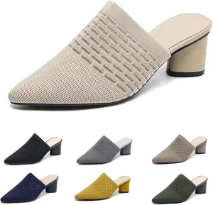 Women’s Knit Mesh Chunky Heel Mules Closed Pointed Toe Backless Slip On Mid Block Heel Dress Slide Sandals Summer Breathable Daily Party Pumps