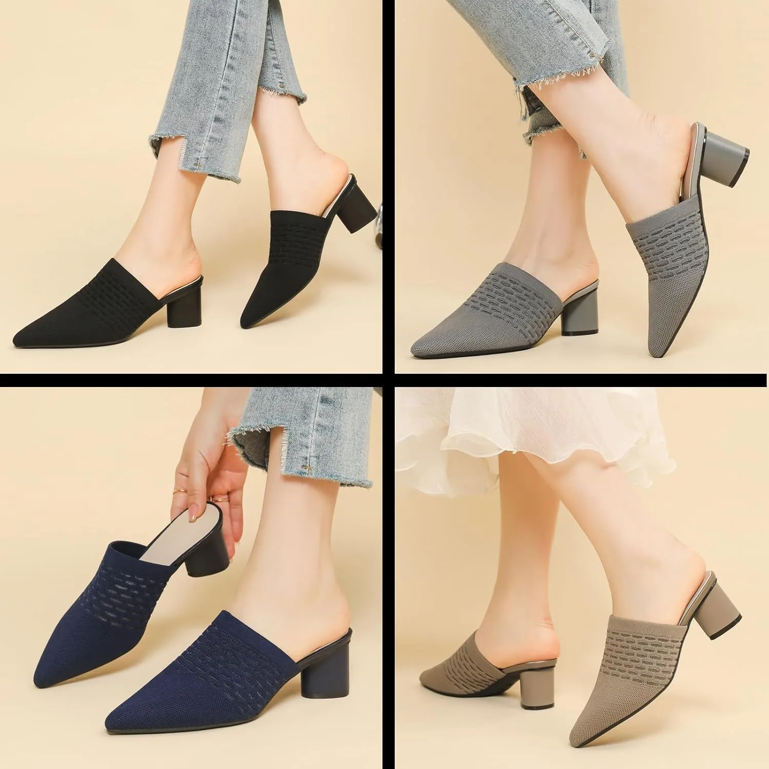 Women’s Knit Mesh Chunky Heel Mules Closed Pointed Toe Backless Slip On Mid Block Heel Dress Slide Sandals Summer Breathable Daily Party Pumps