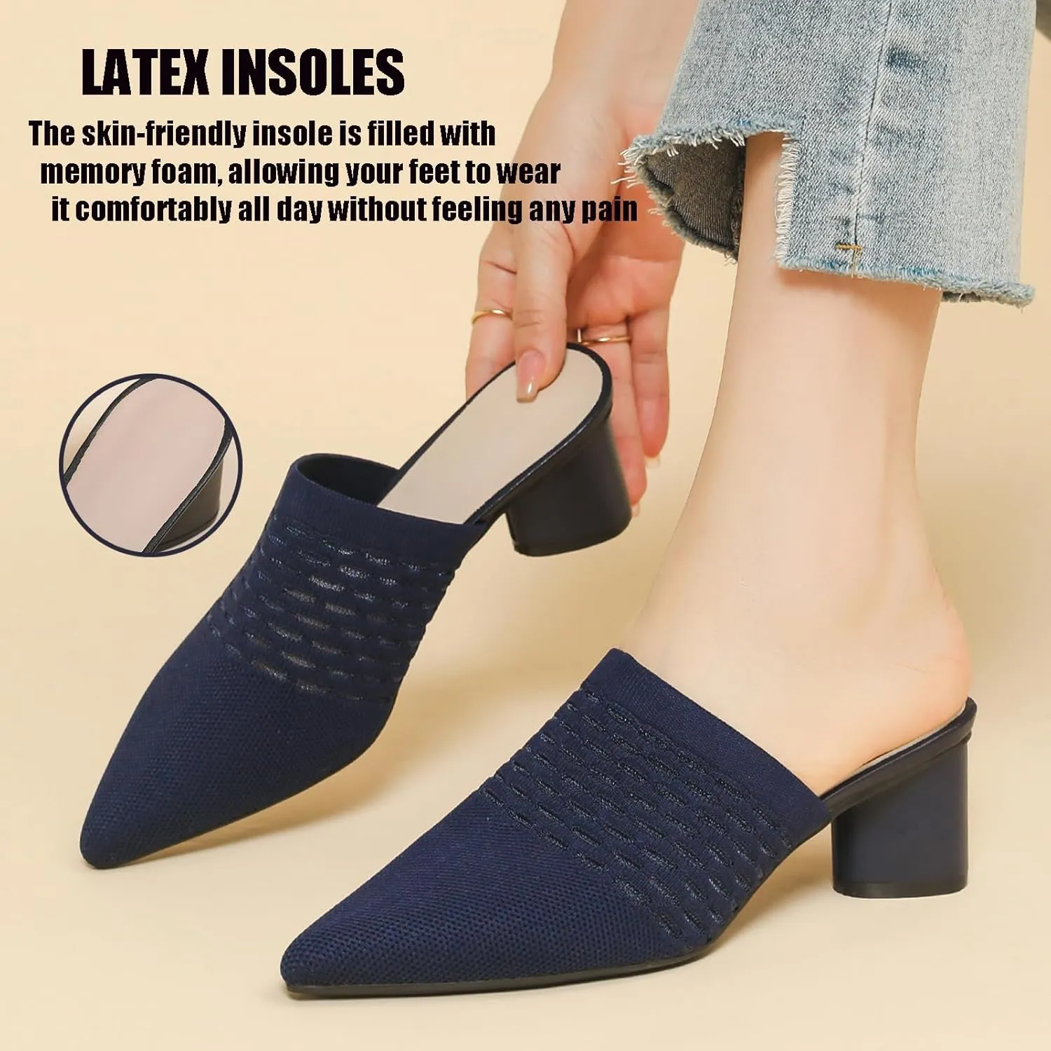 Women’s Knit Mesh Chunky Heel Mules Closed Pointed Toe Backless Slip On Mid Block Heel Dress Slide Sandals Summer Breathable Daily Party Pumps