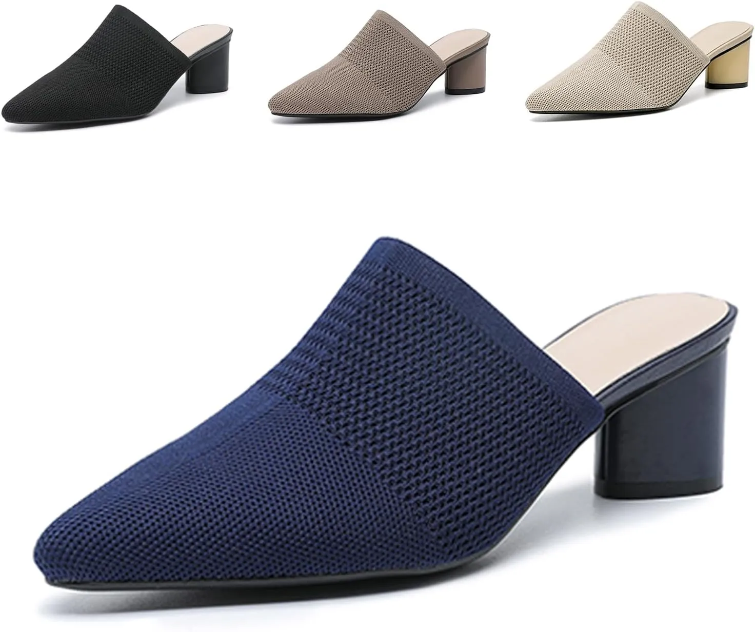 Women’s Knit Mesh Chunky Heel Mules Closed Pointed Toe Backless Slip On Mid Block Heel Dress Slide Sandals Summer Breathable Daily Party Pumps