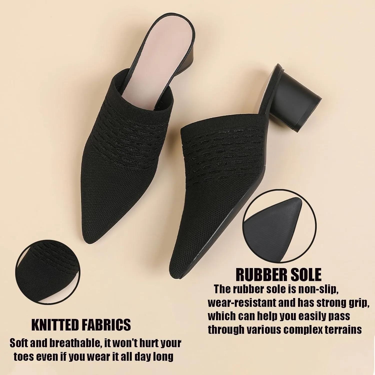 Women’s Knit Mesh Chunky Heel Mules Closed Pointed Toe Backless Slip On Mid Block Heel Dress Slide Sandals Summer Breathable Daily Party Pumps