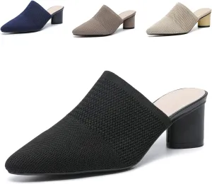 Women’s Knit Mesh Chunky Heel Mules Closed Pointed Toe Backless Slip On Mid Block Heel Dress Slide Sandals Summer Breathable Daily Party Pumps
