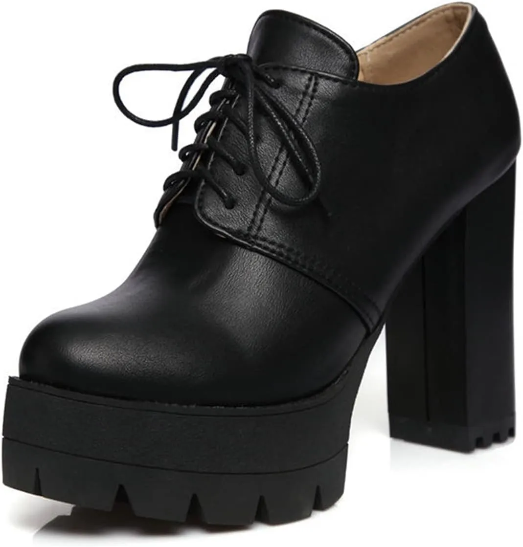 Women's Lace Up Platform Pumps Round Toe Oxfords PU Leather Slip On Block High Heel Dress Shoes