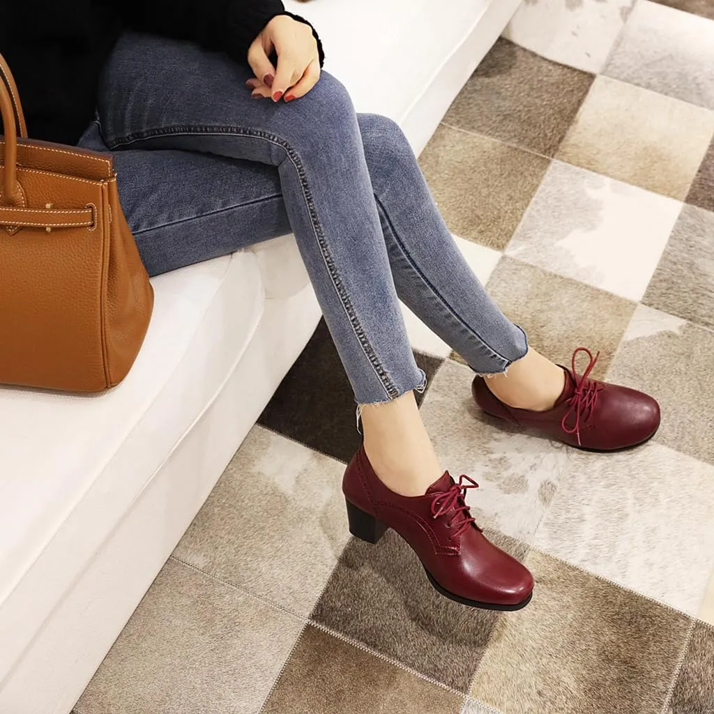 Women's Lace Up Wingtip Oxfords Pumps Block Mid Heel Round Toe Perforated Vintage Brogues Dress Shoes
