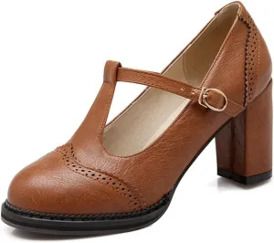 Women's Leather Classic T-Strap Mary Janes Chunky High Heel Retro Round Toe Oxfords Dress Pump Shoes
