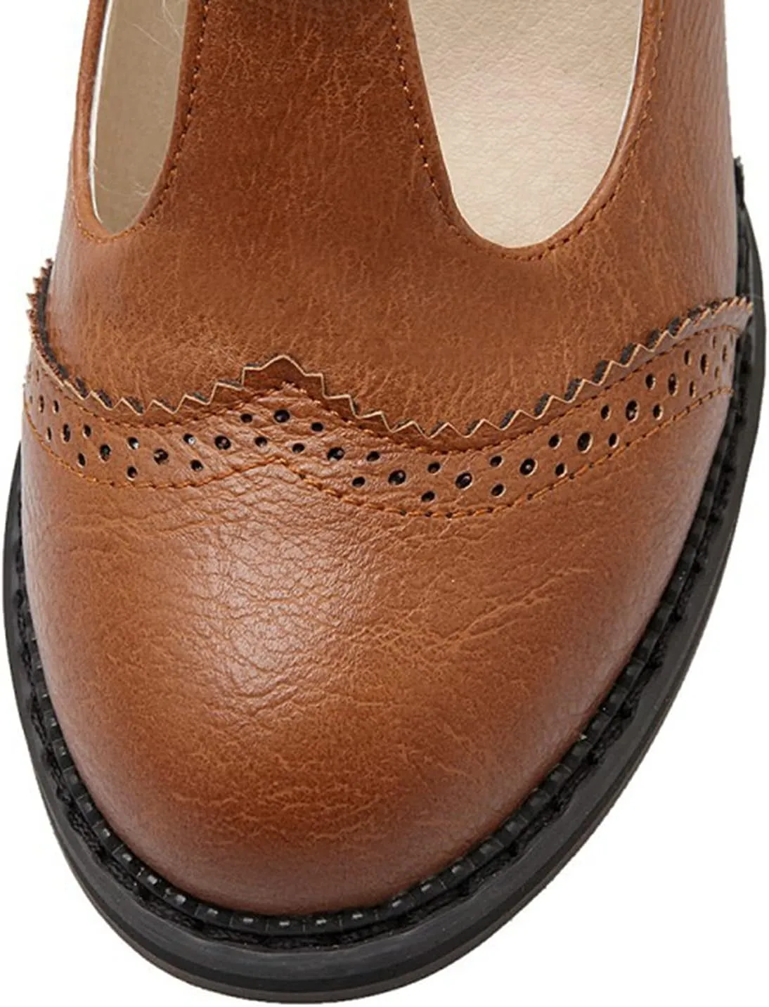 Women's Leather Classic T-Strap Mary Janes Chunky High Heel Retro Round Toe Oxfords Dress Pump Shoes