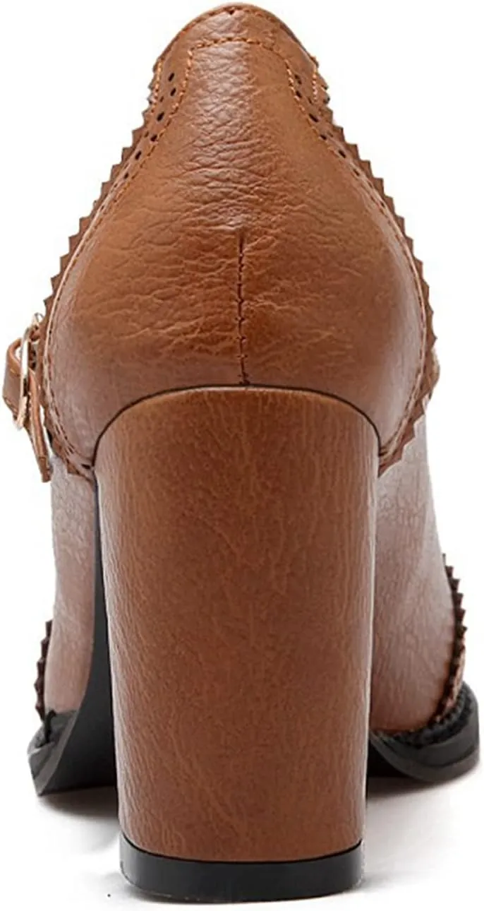 Women's Leather Classic T-Strap Mary Janes Chunky High Heel Retro Round Toe Oxfords Dress Pump Shoes