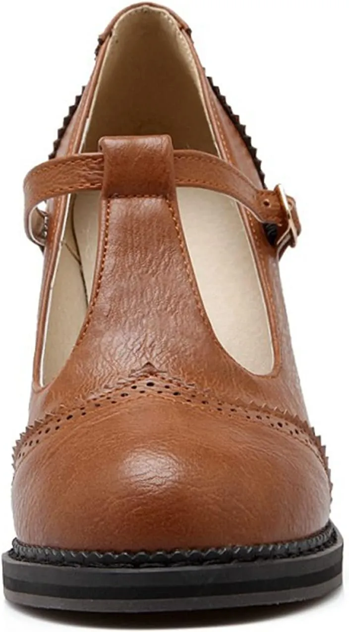 Women's Leather Classic T-Strap Mary Janes Chunky High Heel Retro Round Toe Oxfords Dress Pump Shoes