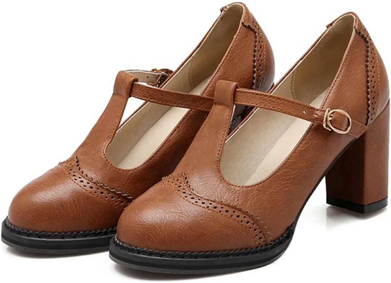 Women's Leather Classic T-Strap Mary Janes Chunky High Heel Retro Round Toe Oxfords Dress Pump Shoes