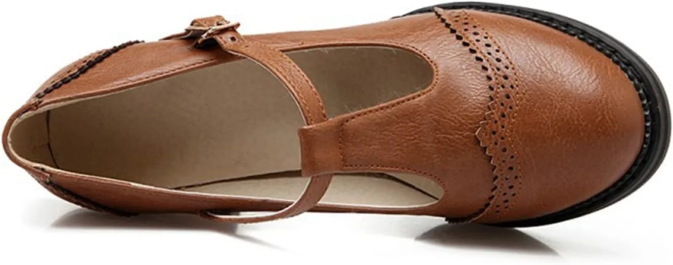 Women's Leather Classic T-Strap Mary Janes Chunky High Heel Retro Round Toe Oxfords Dress Pump Shoes