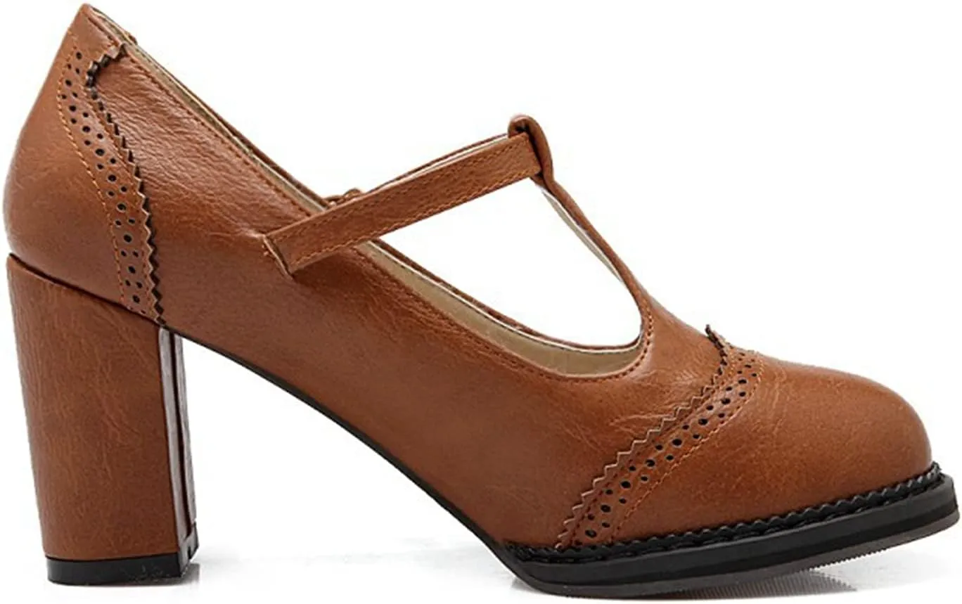 Women's Leather Classic T-Strap Mary Janes Chunky High Heel Retro Round Toe Oxfords Dress Pump Shoes