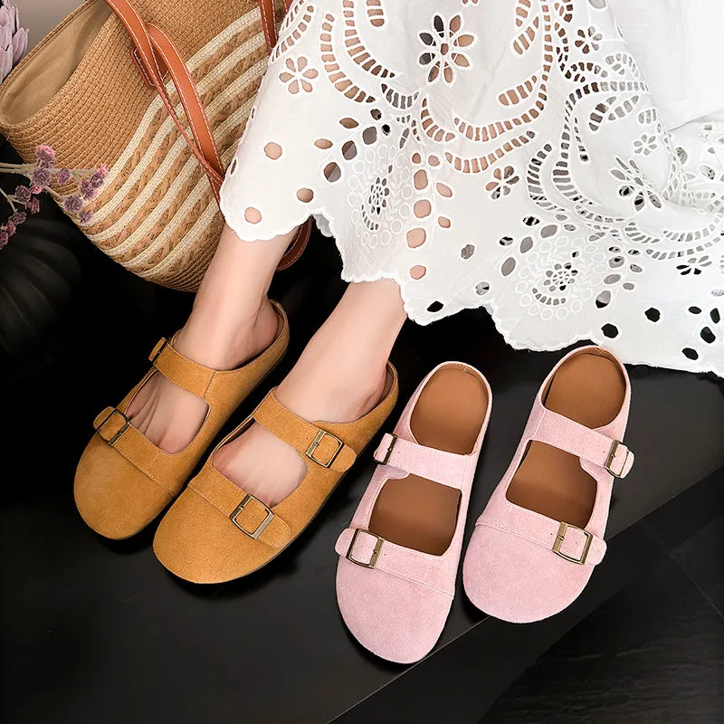 Women's Leather Flat Casual Stylish Buckle Decoration Mule Shoes