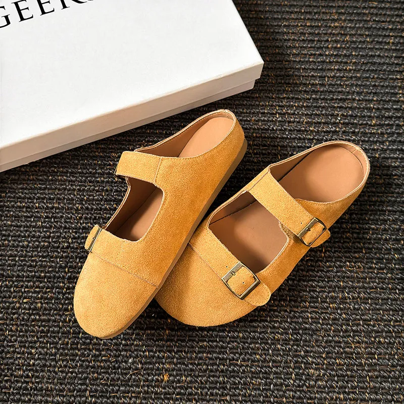Women's Leather Flat Casual Stylish Buckle Decoration Mule Shoes