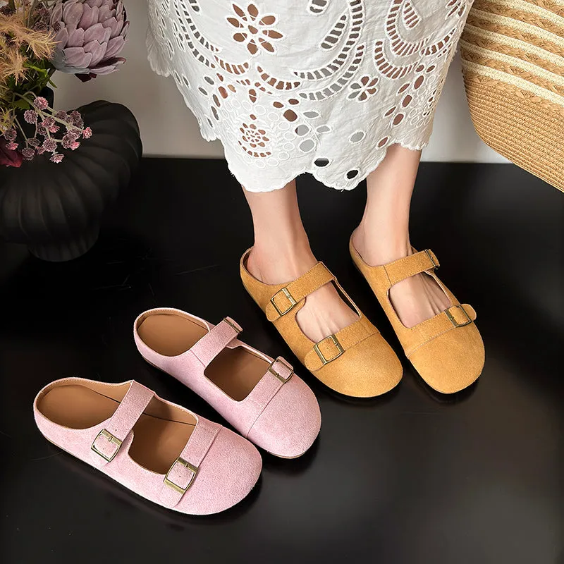 Women's Leather Flat Casual Stylish Buckle Decoration Mule Shoes