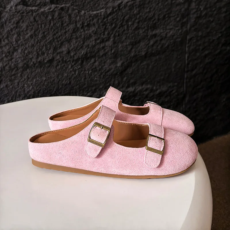 Women's Leather Flat Casual Stylish Buckle Decoration Mule Shoes