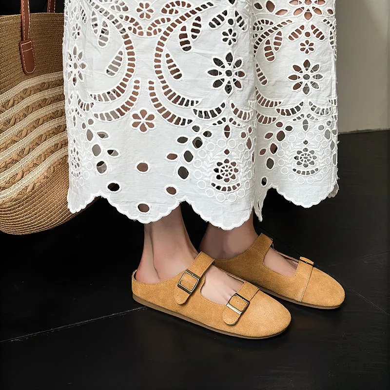 Women's Leather Flat Casual Stylish Buckle Decoration Mule Shoes
