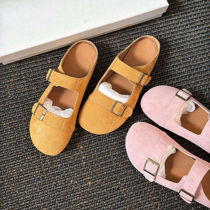 Women's Leather Flat Casual Stylish Buckle Decoration Mule Shoes
