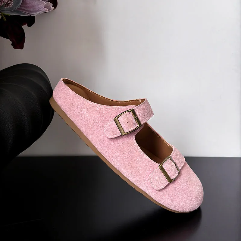 Women's Leather Flat Casual Stylish Buckle Decoration Mule Shoes