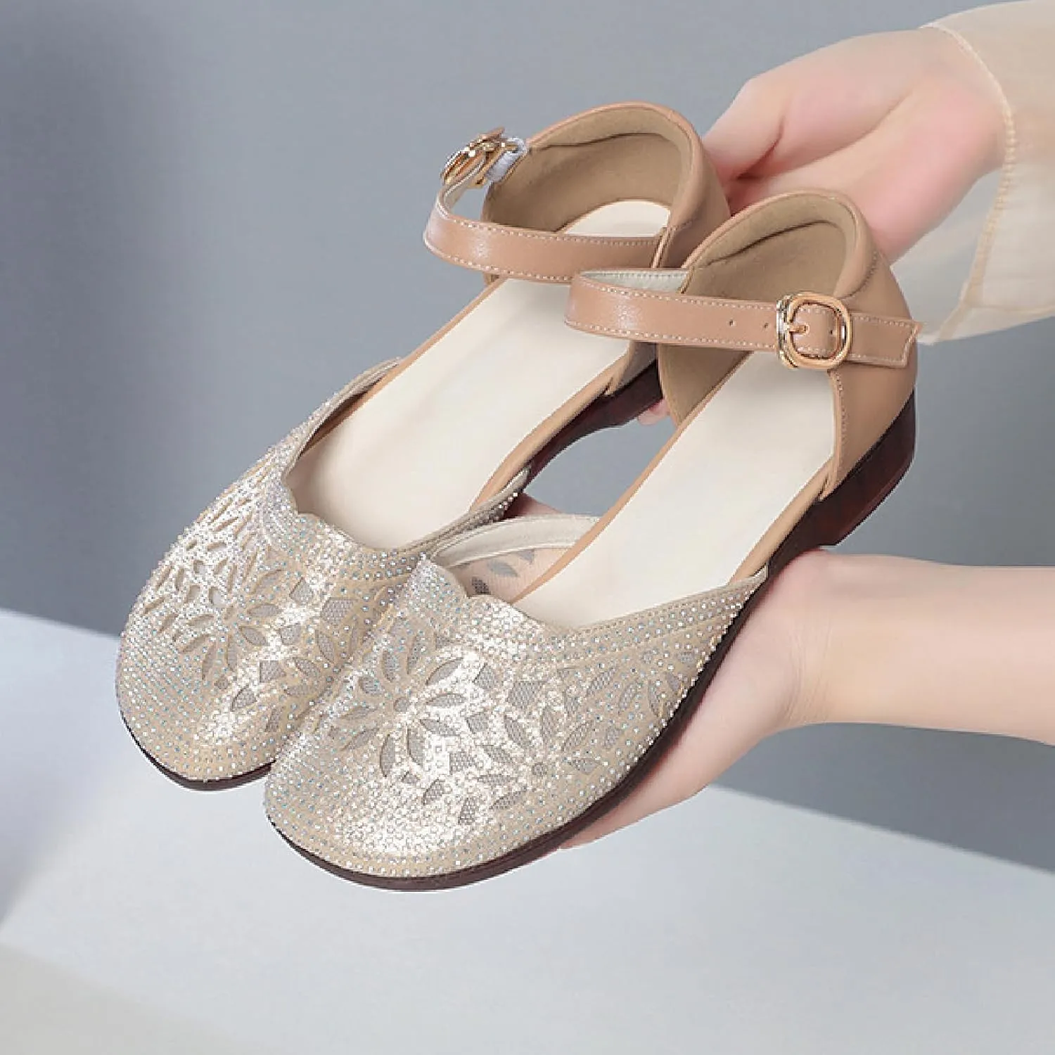 Women's Leather Meshgauze Rhinestones Backless Ankle Strap Chunky Low Heels Sandals Summer Breathable Shallow Mouth Closed Toe Round Toe Comfort Soft Sole Block Heel Sandals