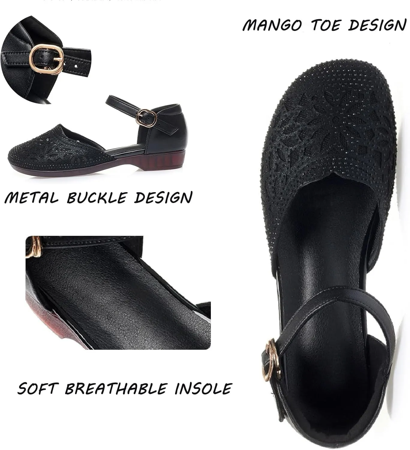 Women's Leather Meshgauze Rhinestones Backless Ankle Strap Chunky Low Heels Sandals Summer Breathable Shallow Mouth Closed Toe Round Toe Comfort Soft Sole Block Heel Sandals