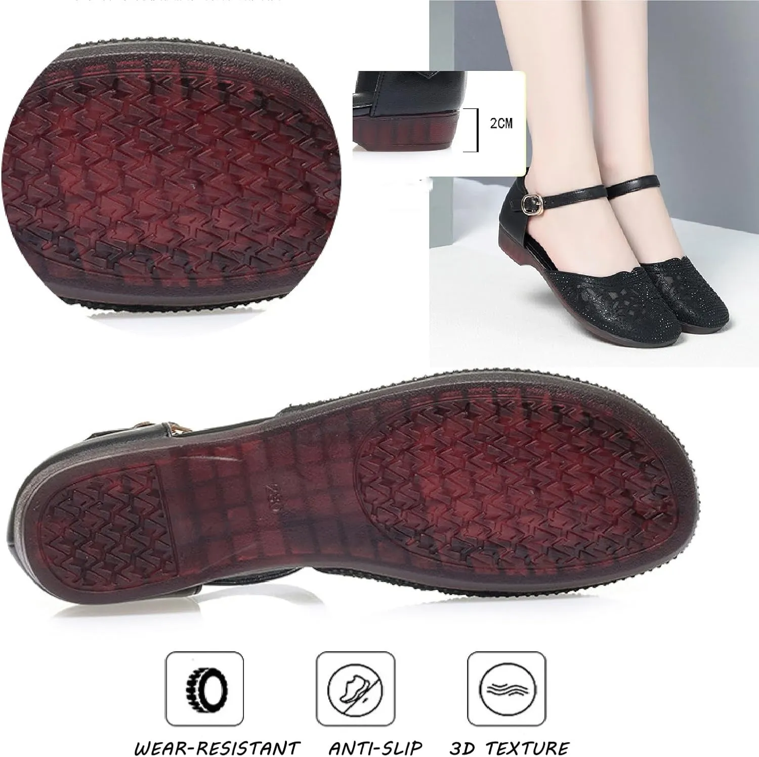Women's Leather Meshgauze Rhinestones Backless Ankle Strap Chunky Low Heels Sandals Summer Breathable Shallow Mouth Closed Toe Round Toe Comfort Soft Sole Block Heel Sandals