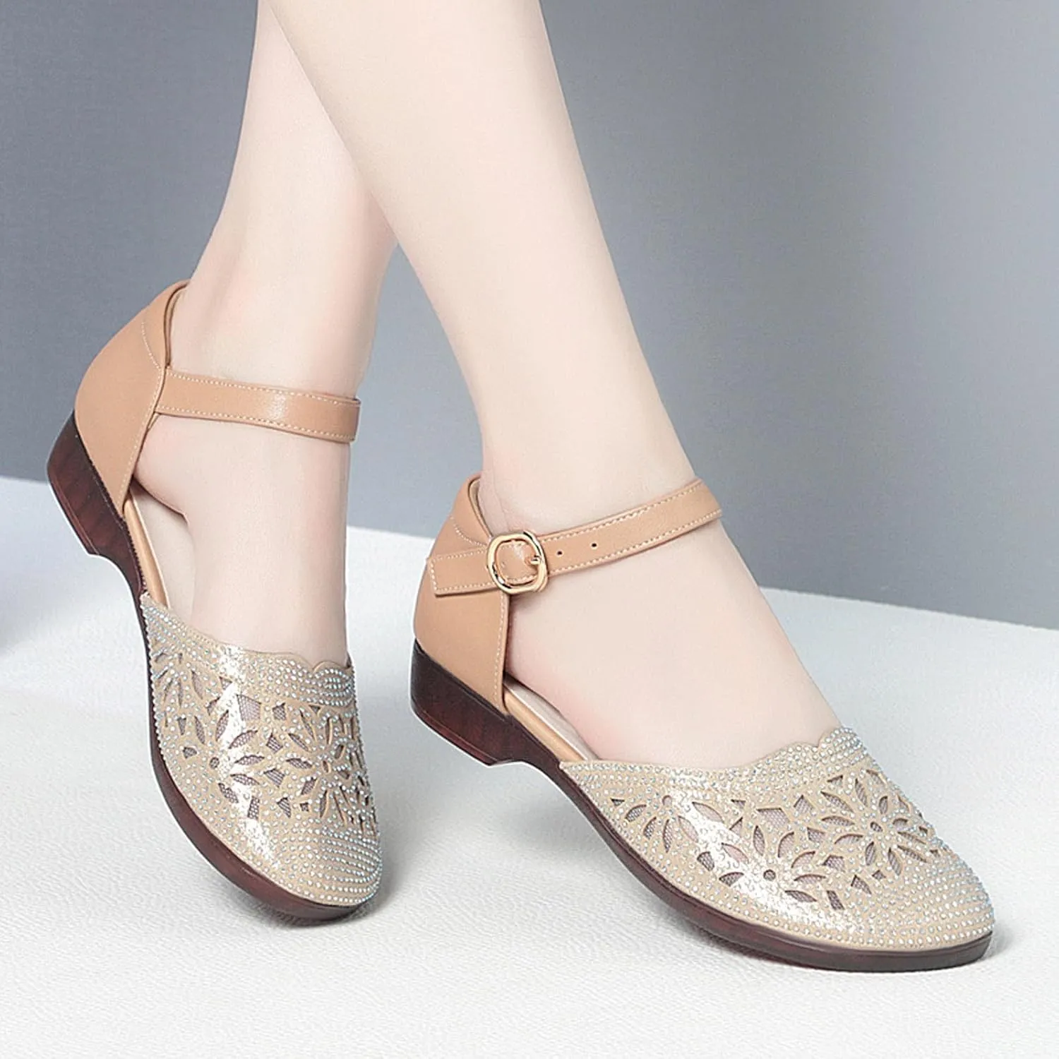 Women's Leather Meshgauze Rhinestones Backless Ankle Strap Chunky Low Heels Sandals Summer Breathable Shallow Mouth Closed Toe Round Toe Comfort Soft Sole Block Heel Sandals