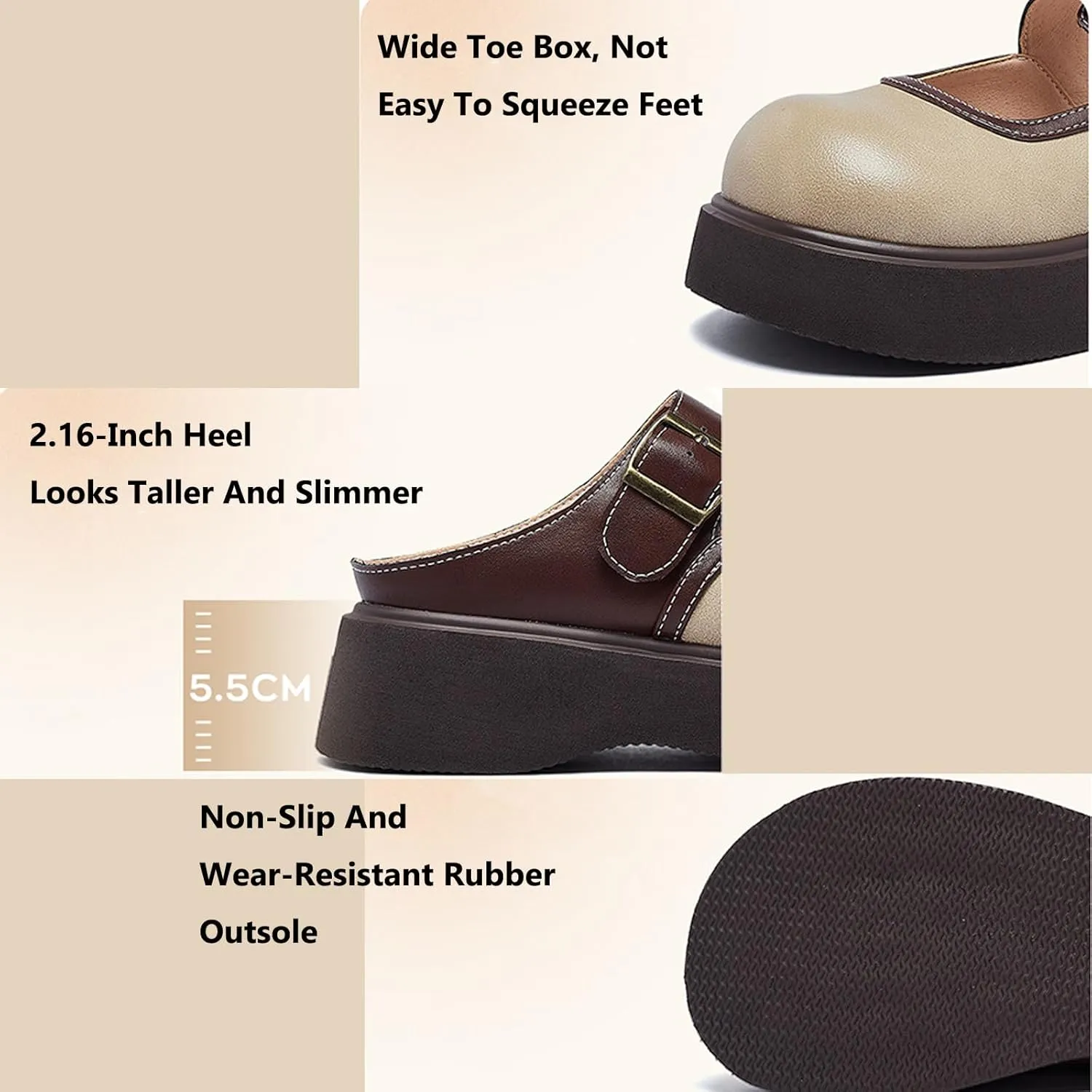 Women's Leather Monk Buckle Chunky Platform Mules Vintage Round Toe Slingback Clogs Casual Backless Loafers for Leisure, Party, Date