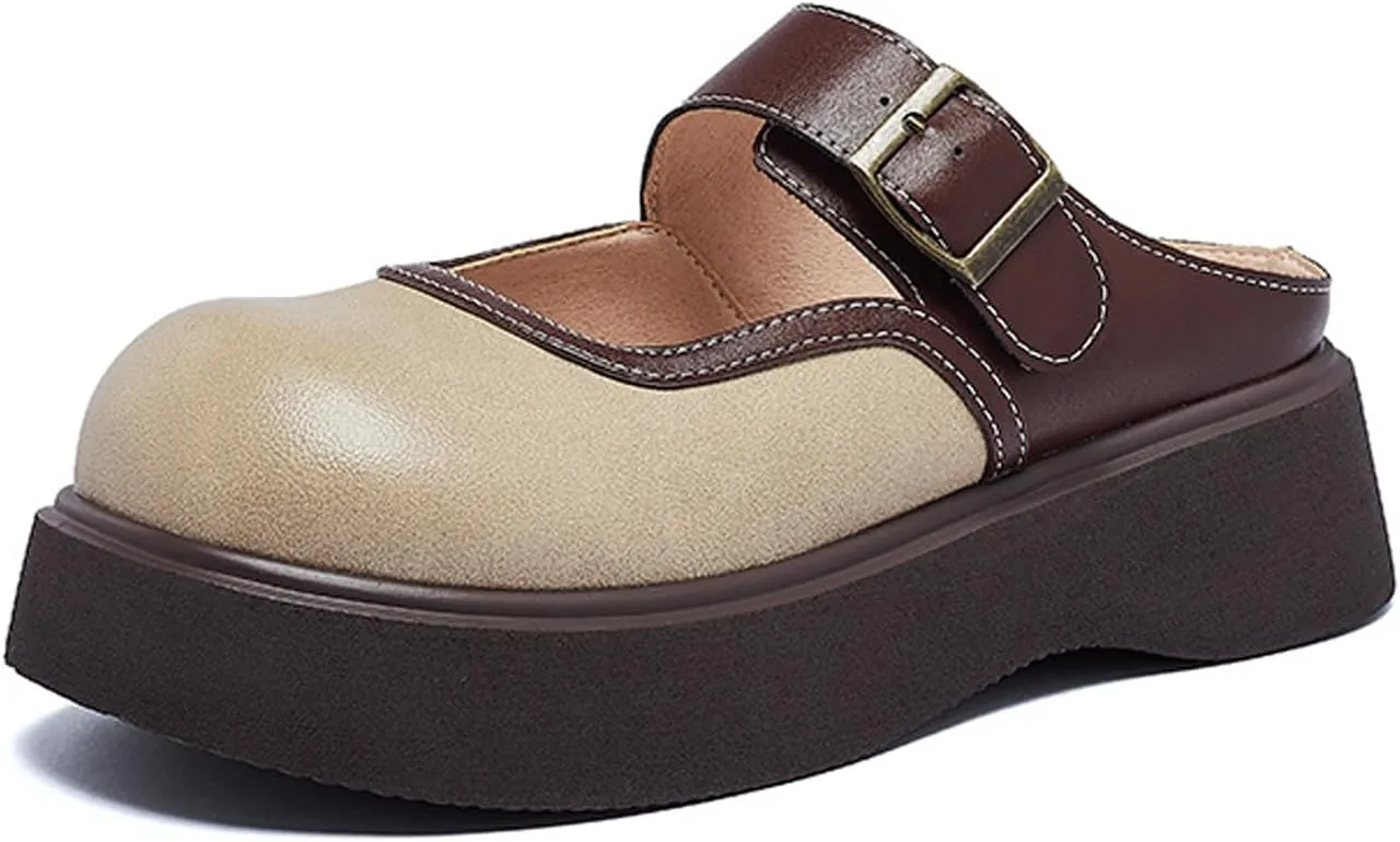 Women's Leather Monk Buckle Chunky Platform Mules Vintage Round Toe Slingback Clogs Casual Backless Loafers for Leisure, Party, Date