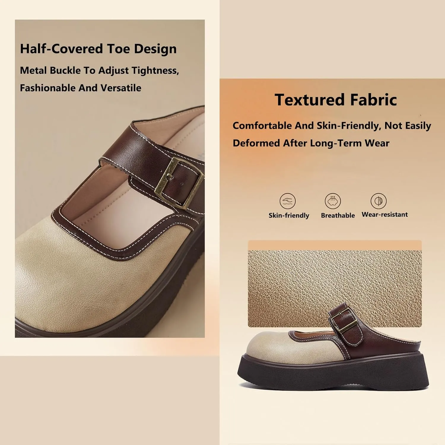 Women's Leather Monk Buckle Chunky Platform Mules Vintage Round Toe Slingback Clogs Casual Backless Loafers for Leisure, Party, Date