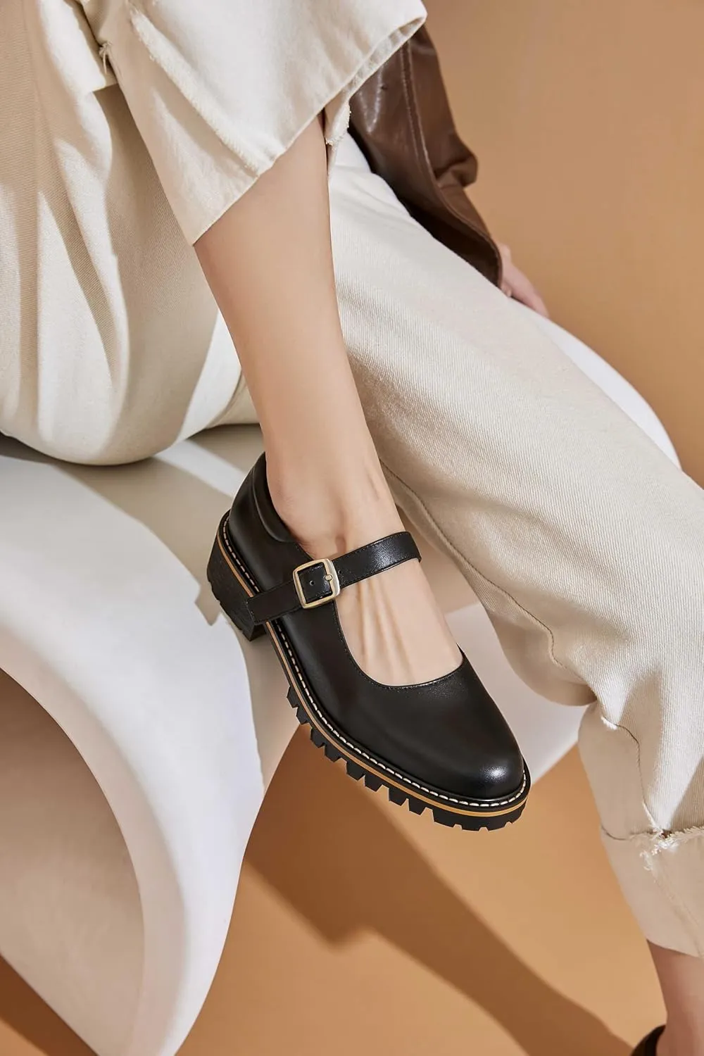 Women's Leather Oxford Mary Janes Shoes Flats Chunky Low Heels Platform Sewing Retro Classics Round Toe Ankle Strap