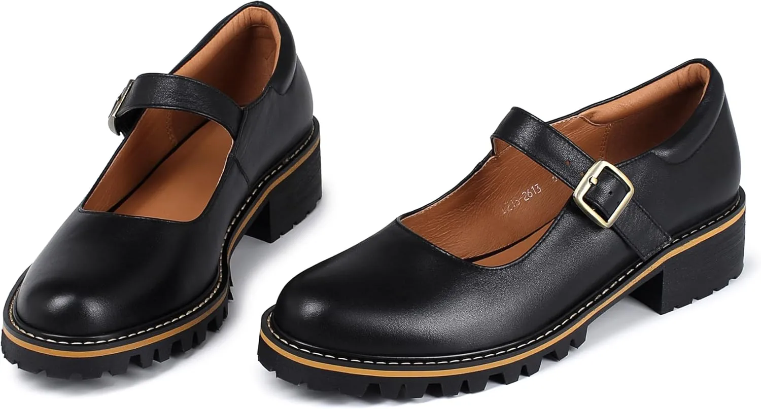 Women's Leather Oxford Mary Janes Shoes Flats Chunky Low Heels Platform Sewing Retro Classics Round Toe Ankle Strap