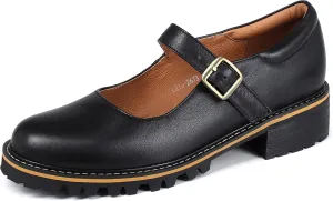 Women's Leather Oxford Mary Janes Shoes Flats Chunky Low Heels Platform Sewing Retro Classics Round Toe Ankle Strap