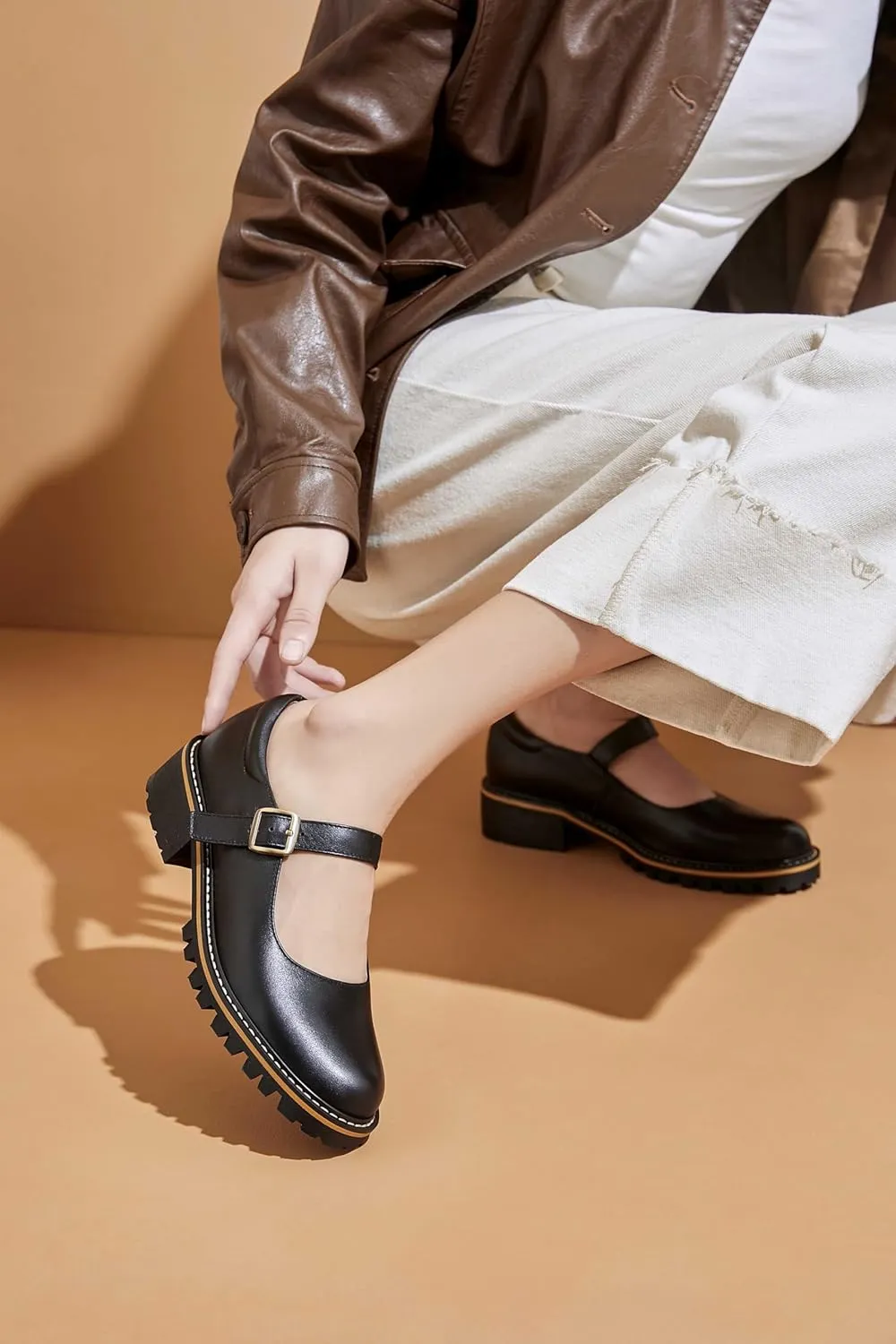 Women's Leather Oxford Mary Janes Shoes Flats Chunky Low Heels Platform Sewing Retro Classics Round Toe Ankle Strap
