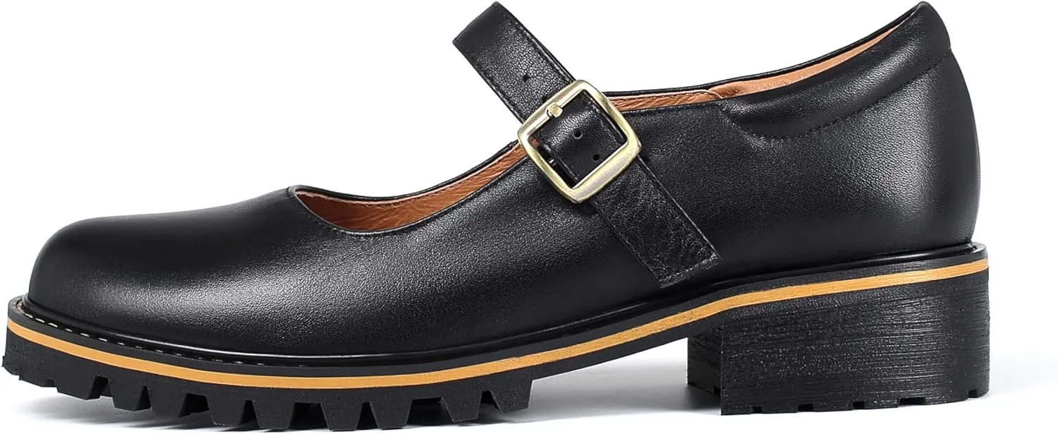 Women's Leather Oxford Mary Janes Shoes Flats Chunky Low Heels Platform Sewing Retro Classics Round Toe Ankle Strap
