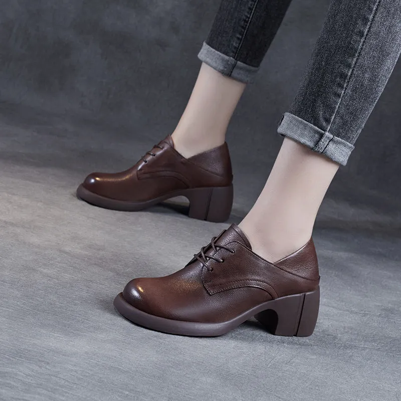 Women's Leather Retro Lace-up Block Heel Oxford Shoes