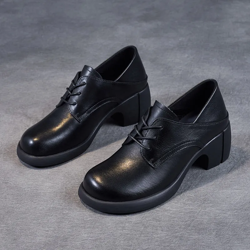 Women's Leather Retro Lace-up Block Heel Oxford Shoes