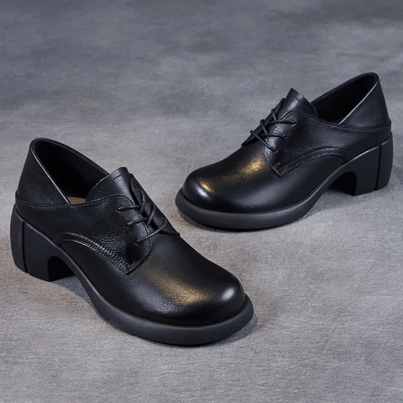 Women's Leather Retro Lace-up Block Heel Oxford Shoes
