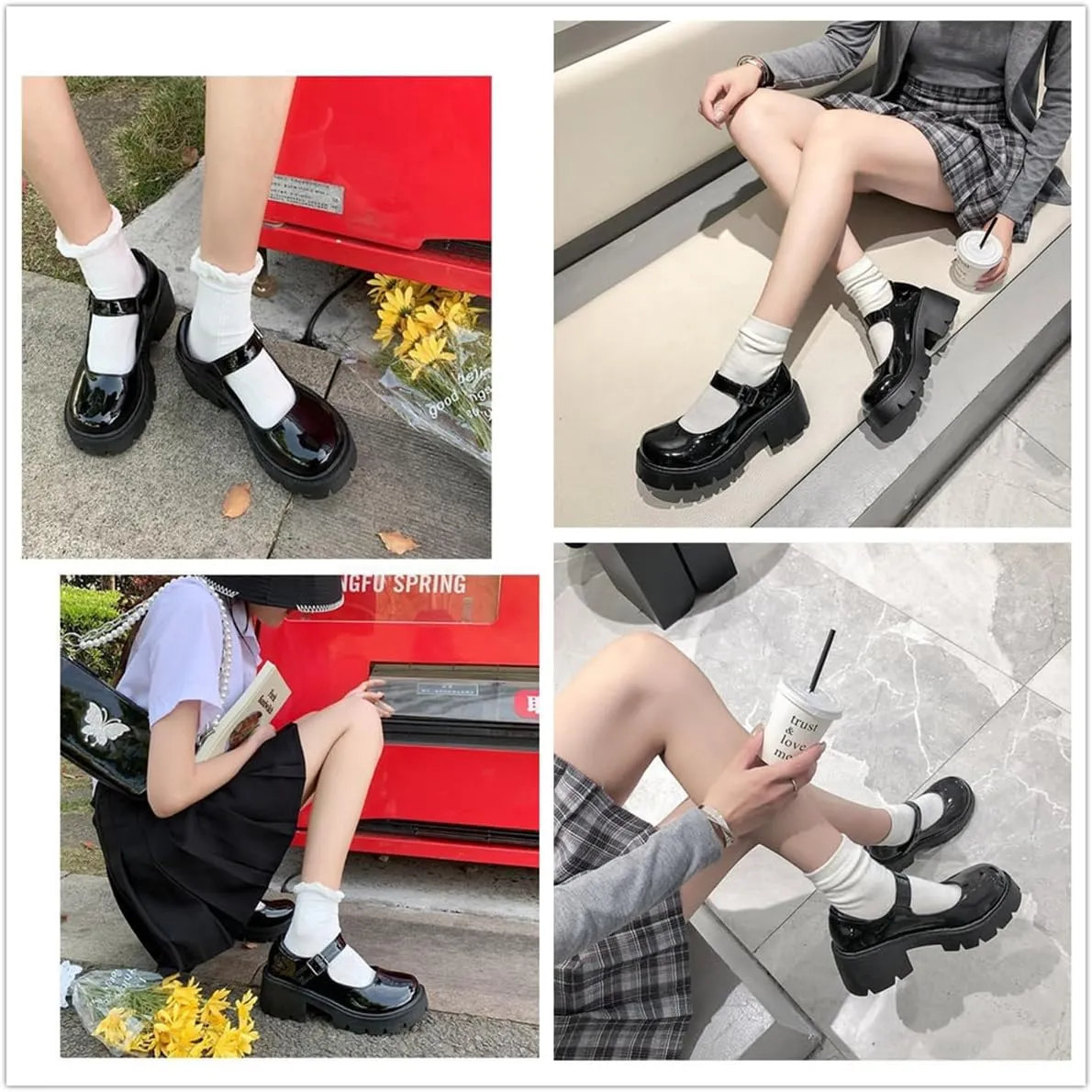 Womens Mary Janes Shoes Platform Low Heel Chunky Pumps Gothic Shoes Round Toe Ankle Strap Oxford Dress Shoes