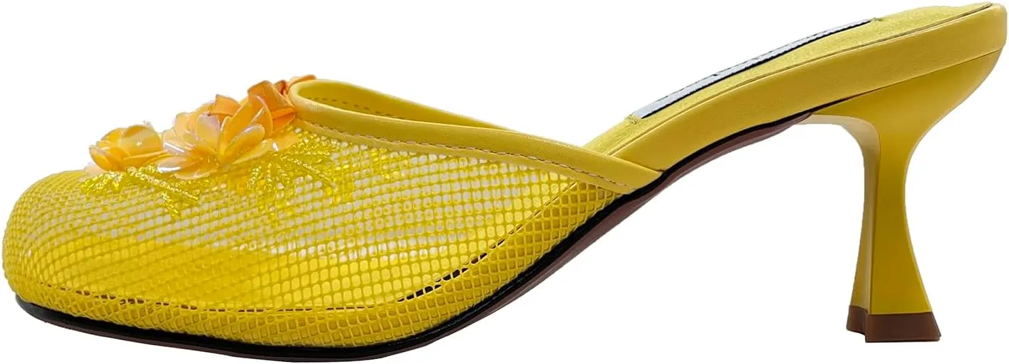 Women's Mesh Mule Slip On Sandals With Floral Sequin Embellishments Round Toe Middle Heel Slides Slippers 2.5 Inch