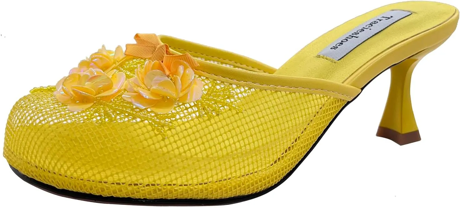 Women's Mesh Mule Slip On Sandals With Floral Sequin Embellishments Round Toe Middle Heel Slides Slippers 2.5 Inch