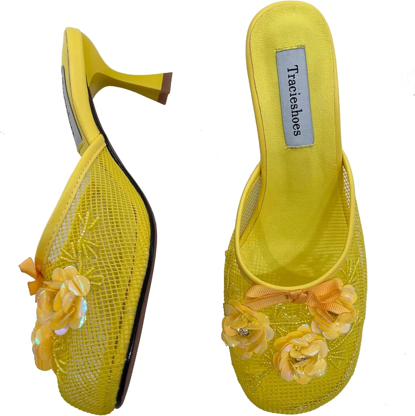 Women's Mesh Mule Slip On Sandals With Floral Sequin Embellishments Round Toe Middle Heel Slides Slippers 2.5 Inch