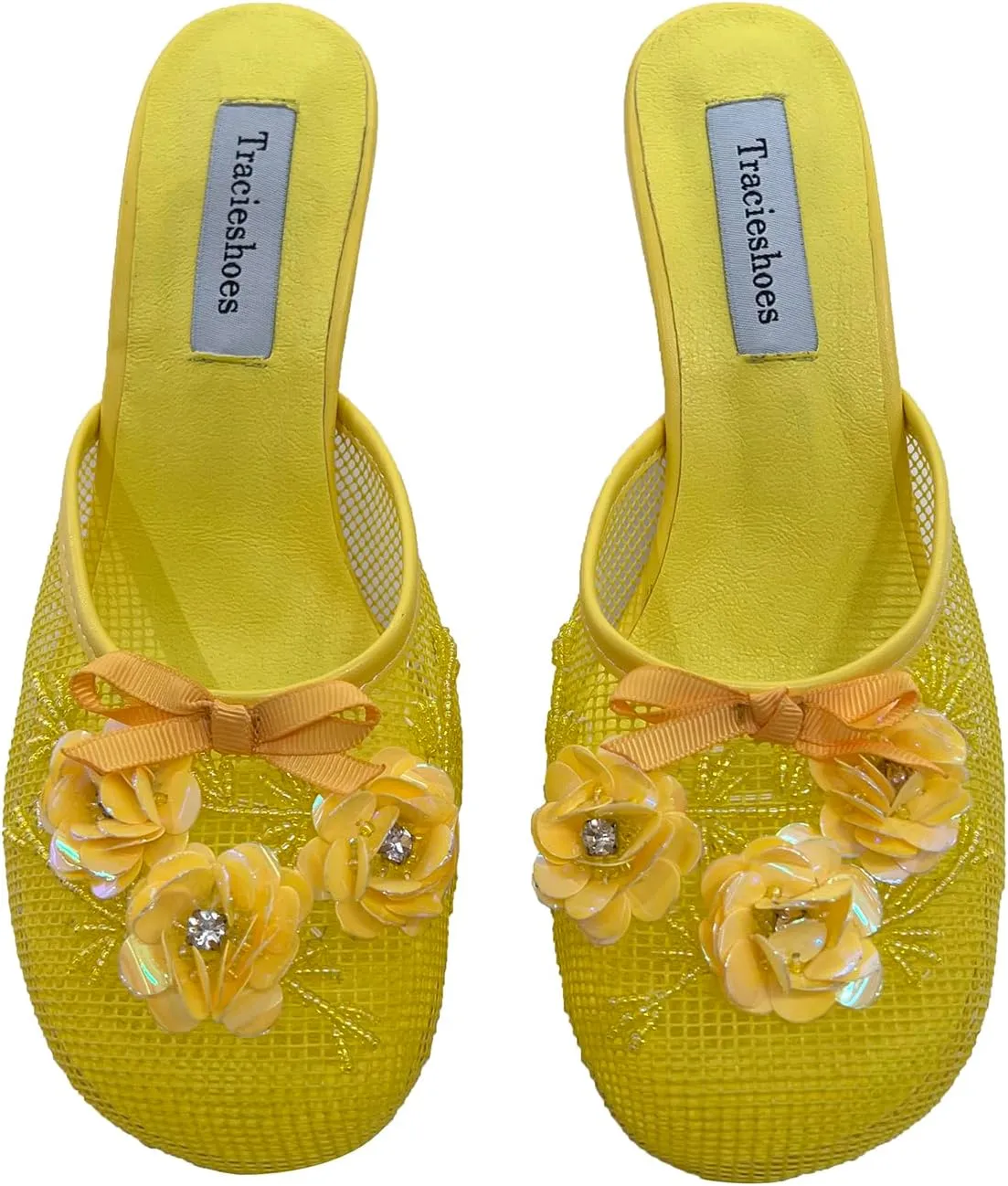 Women's Mesh Mule Slip On Sandals With Floral Sequin Embellishments Round Toe Middle Heel Slides Slippers 2.5 Inch